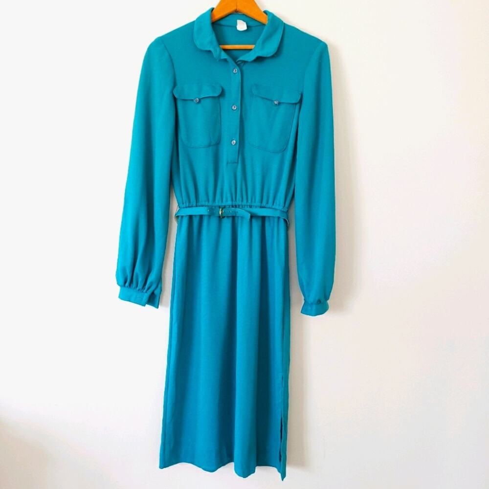 Vintage Long Sleeve Cottagecore Turquoise Midi Dress Collar Belted 10